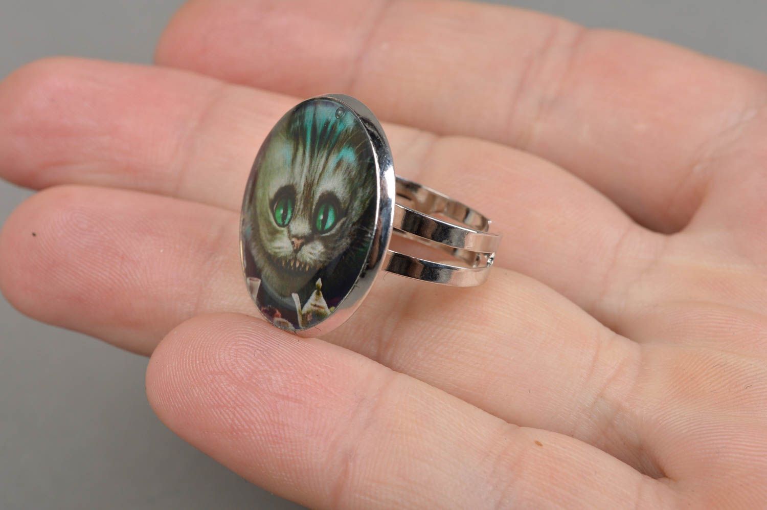 Кольцо авторское с котом стильное необычное декупаж безразмерное ручной работы фото 4