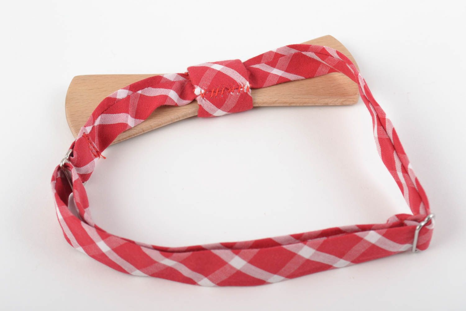 Beautiful handmade designer wooden bow tie with checkered red fabric strap photo 3