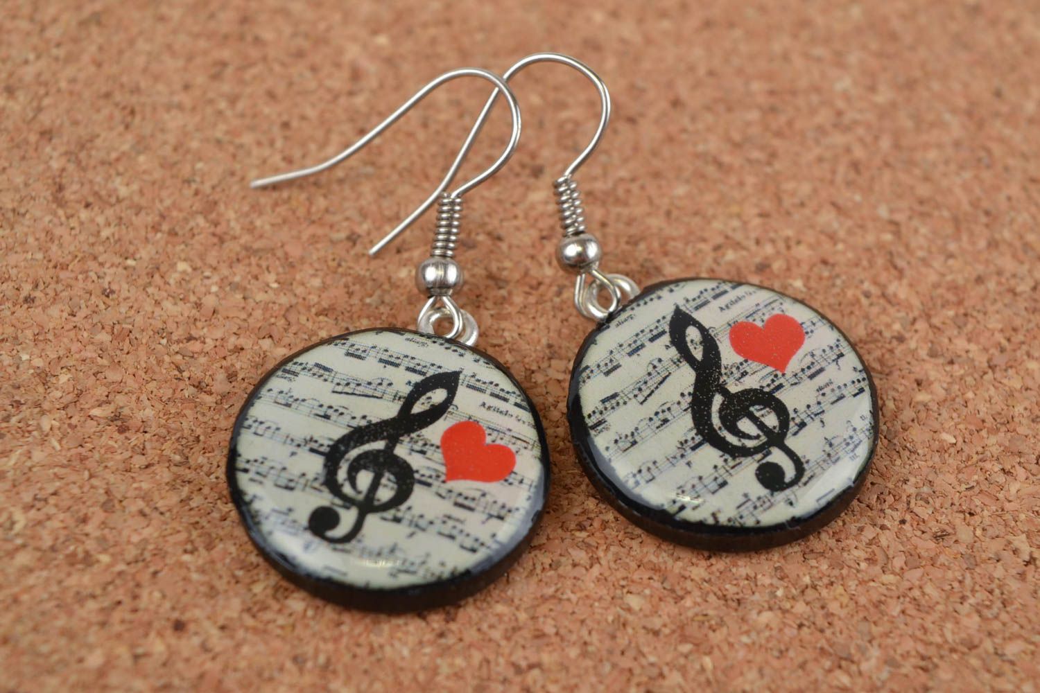 Beautiful handmade design round plastic earrings with decoupage black and white photo 1