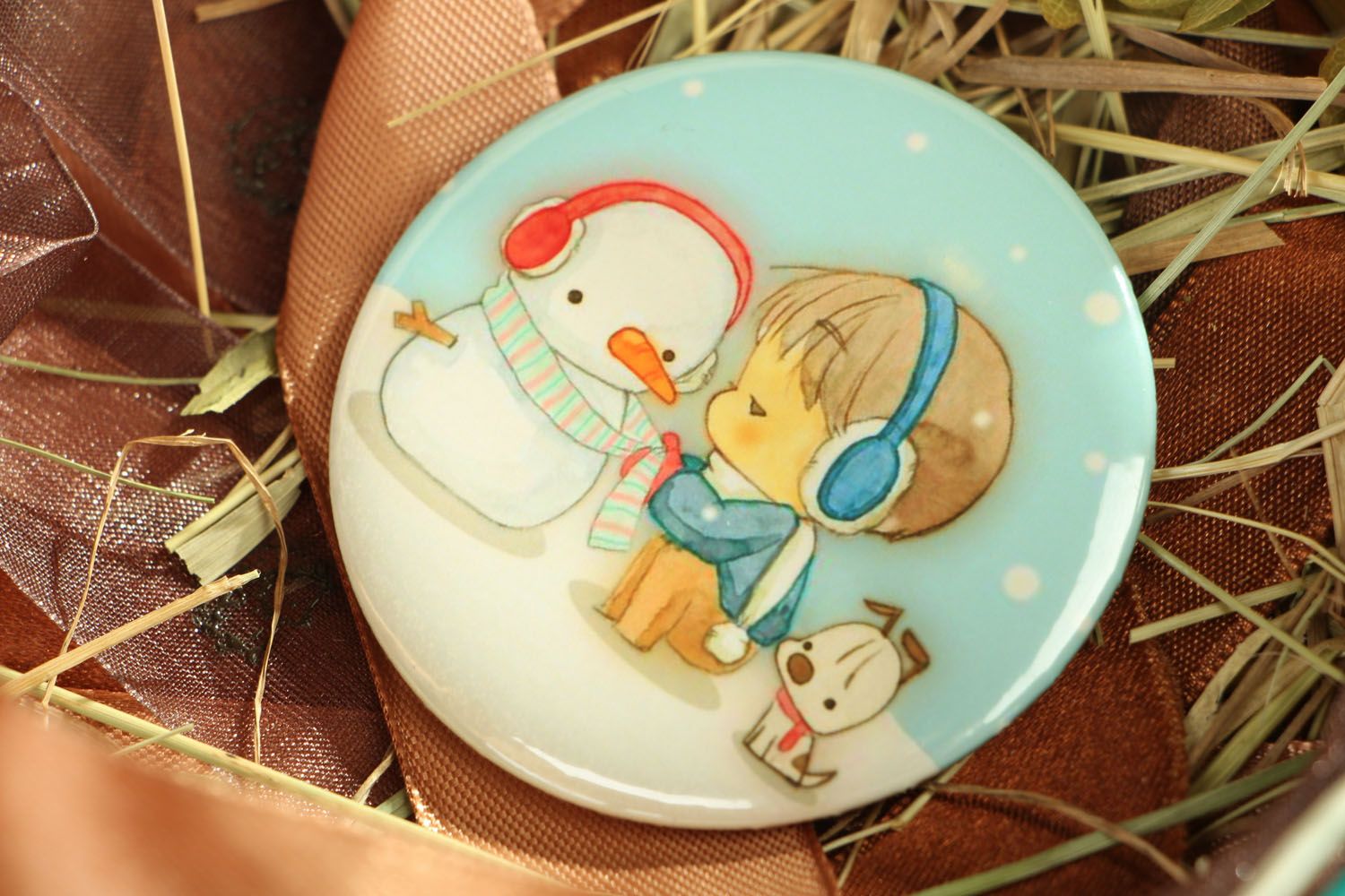 Pocket mirror with the image of snowman and boy photo 4