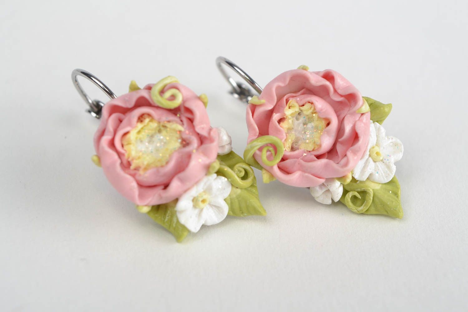 Handmade designer polymer clay pink floral earrings with metal English ear wires photo 3