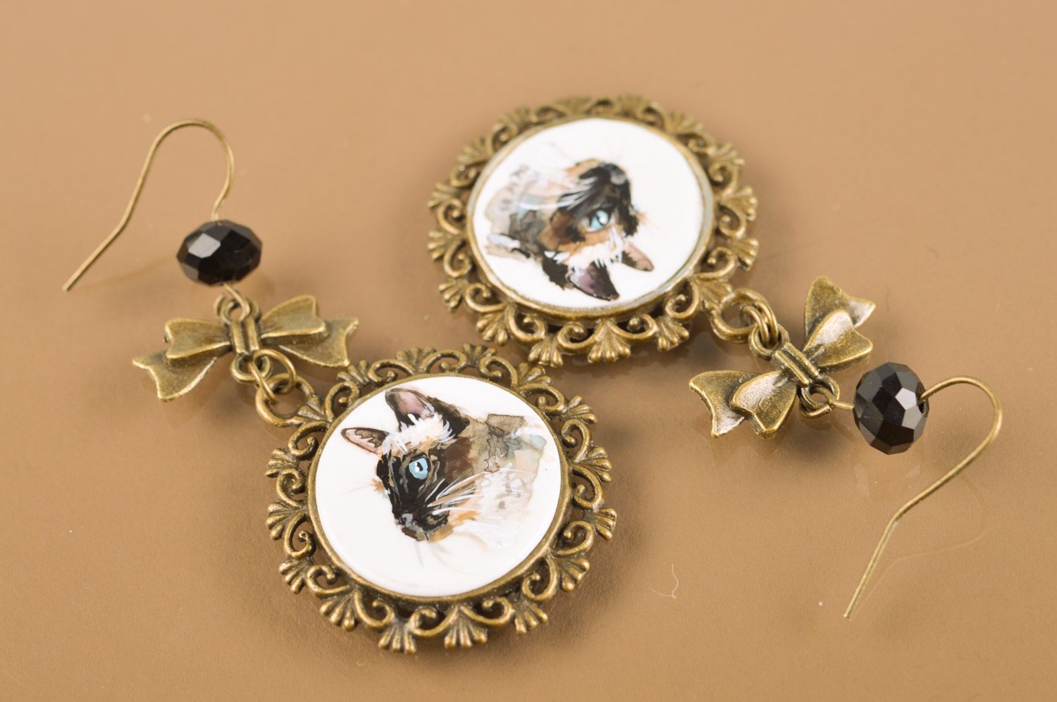 Long handmade metal earrings with miniature painting Siamese Cats photo 5