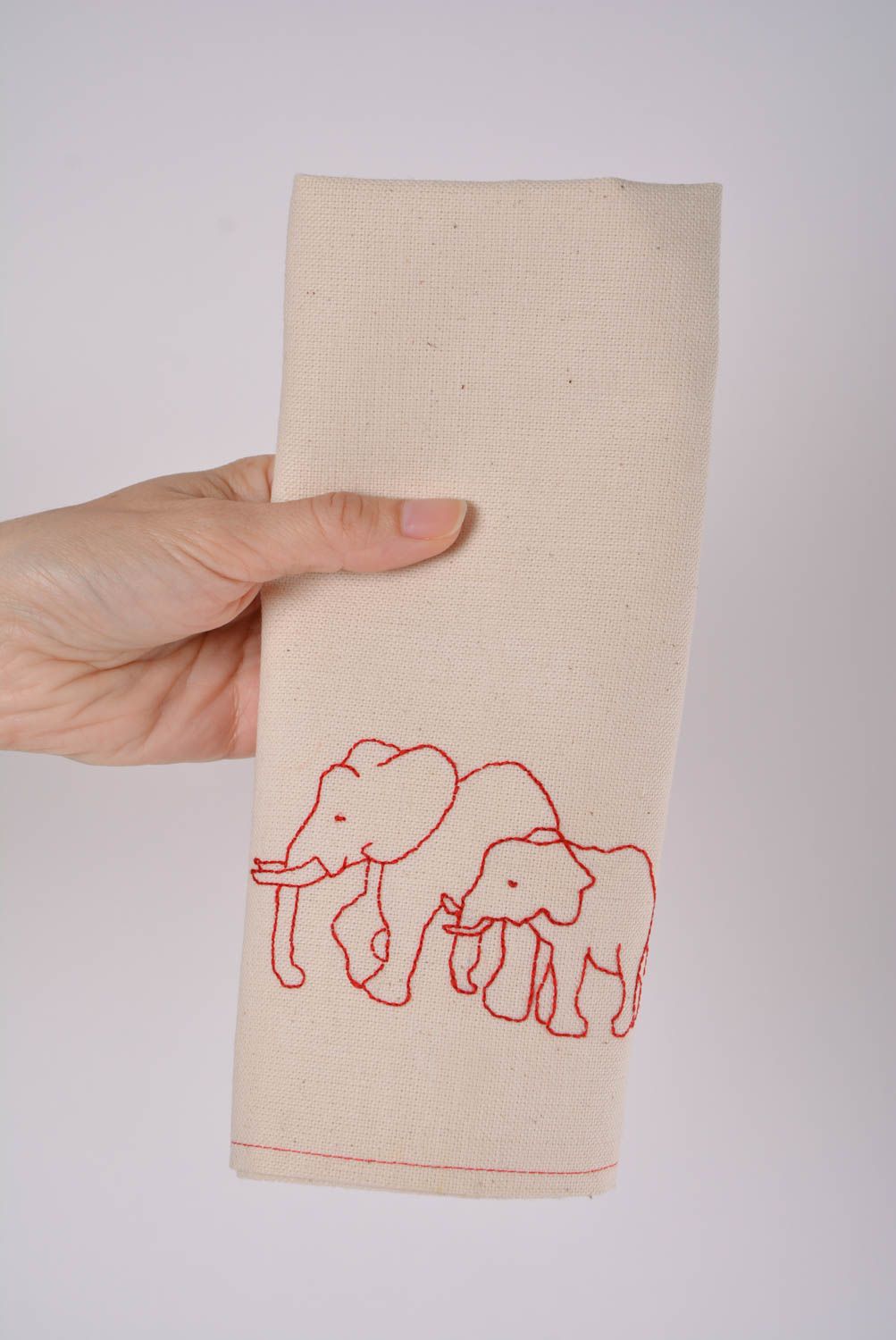 Stylish handmade designer semi linen fabric napkin with embroidered elephants photo 3