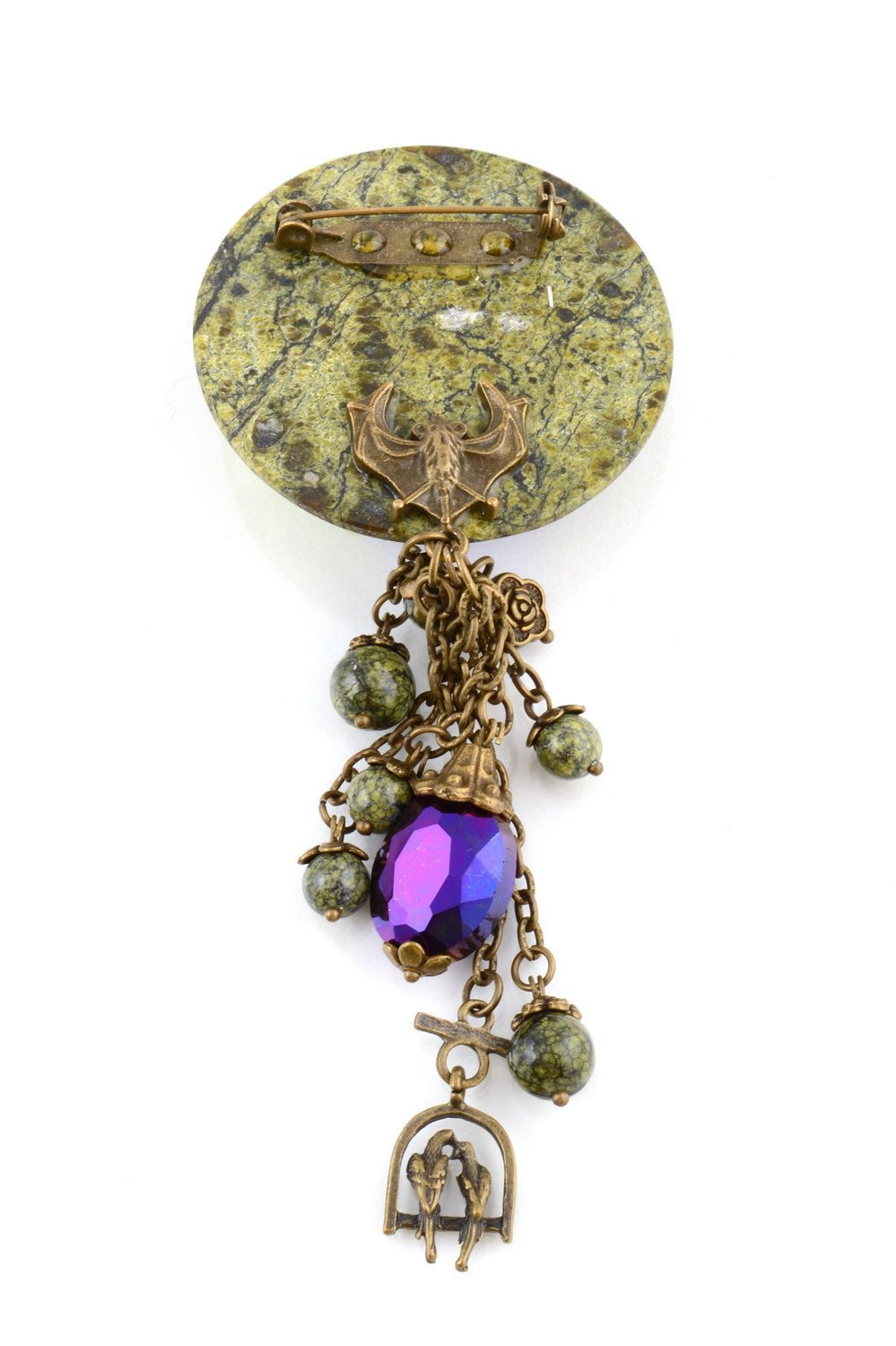 Round stylish handmade beautiful brooch with charm and natural stone Jade photo 2