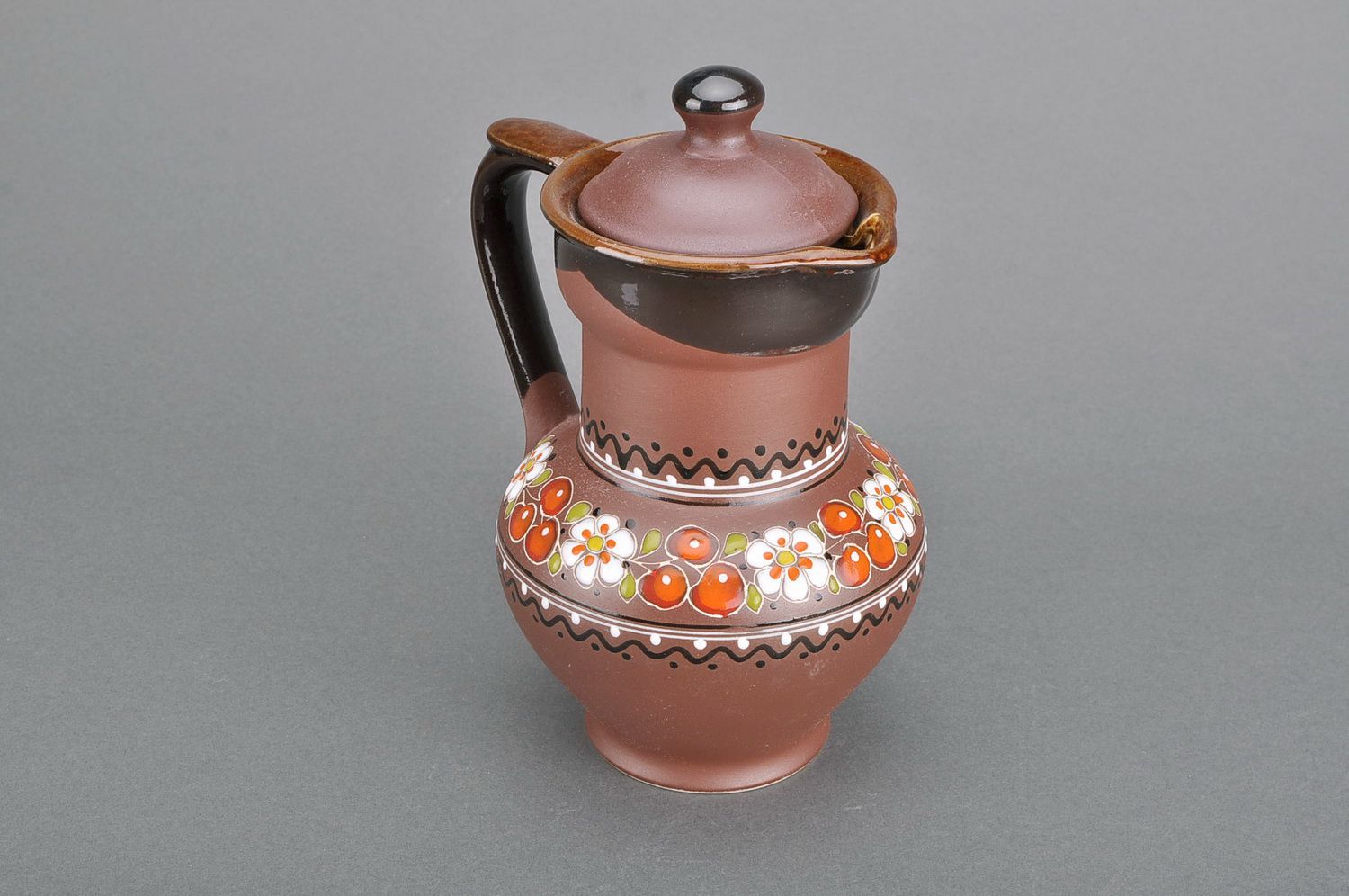 60 oz handmade brown ceramic milk jug with hand-painted pattern with handle and lid 2,34 lb photo 2