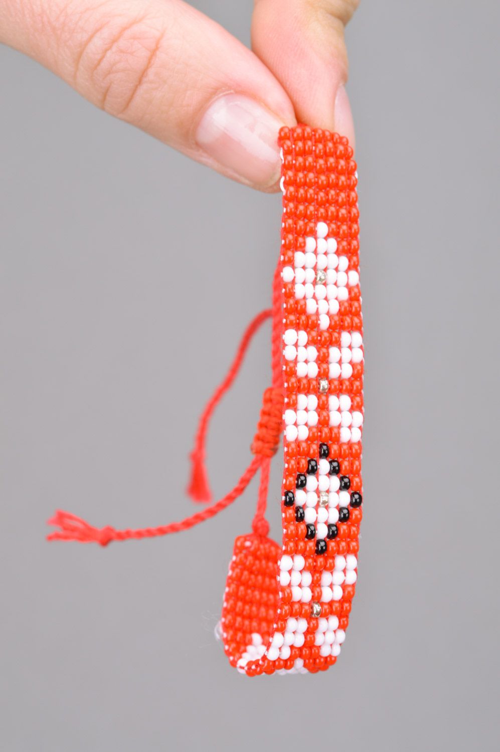 Beautiful red handmade wide woven Czech bead bracelet with ties photo 3