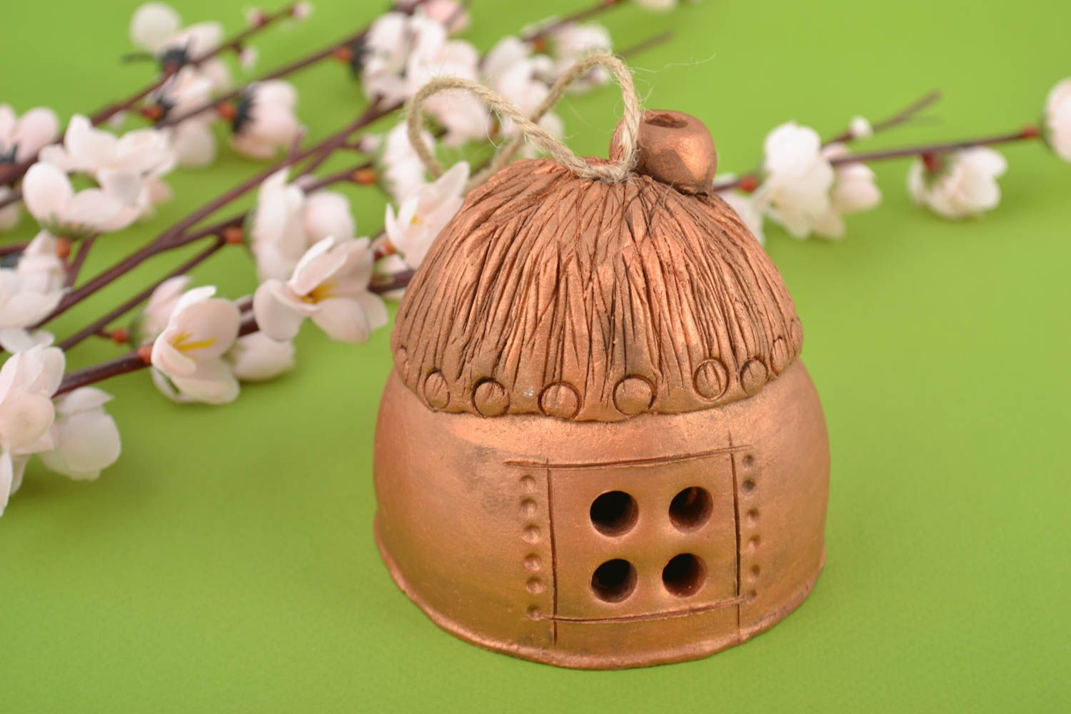 Ceramic bell house stylish souvenir for home handmade cute clay figurine photo 1
