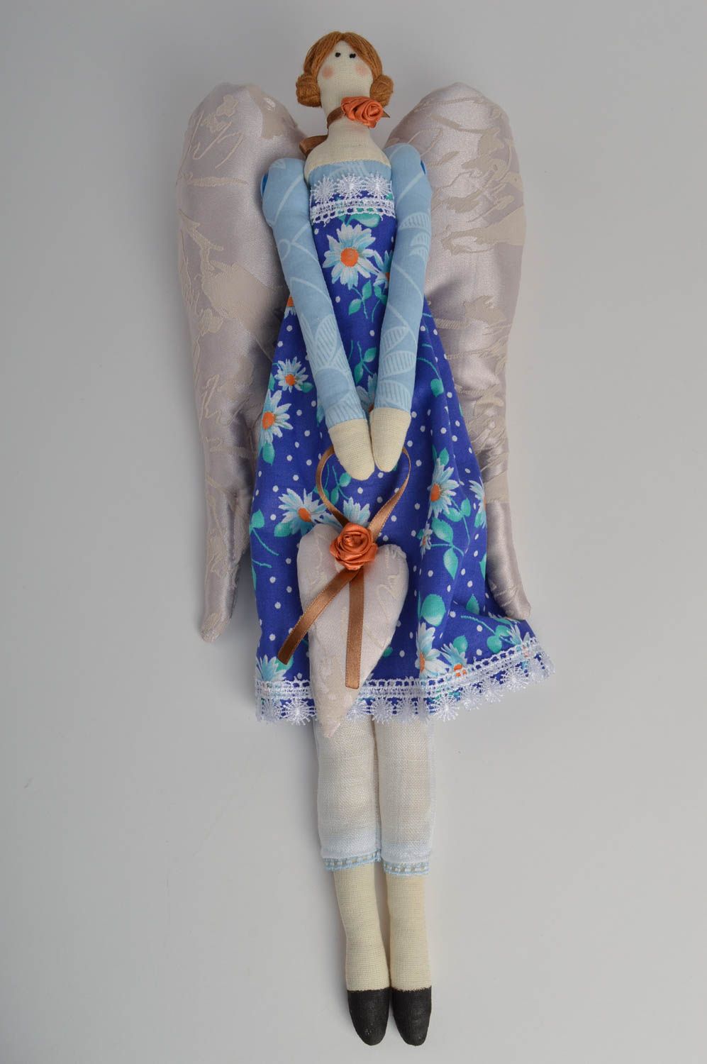 Handmade designer fabric interior soft doll angel in blue dress with eyelet photo 2
