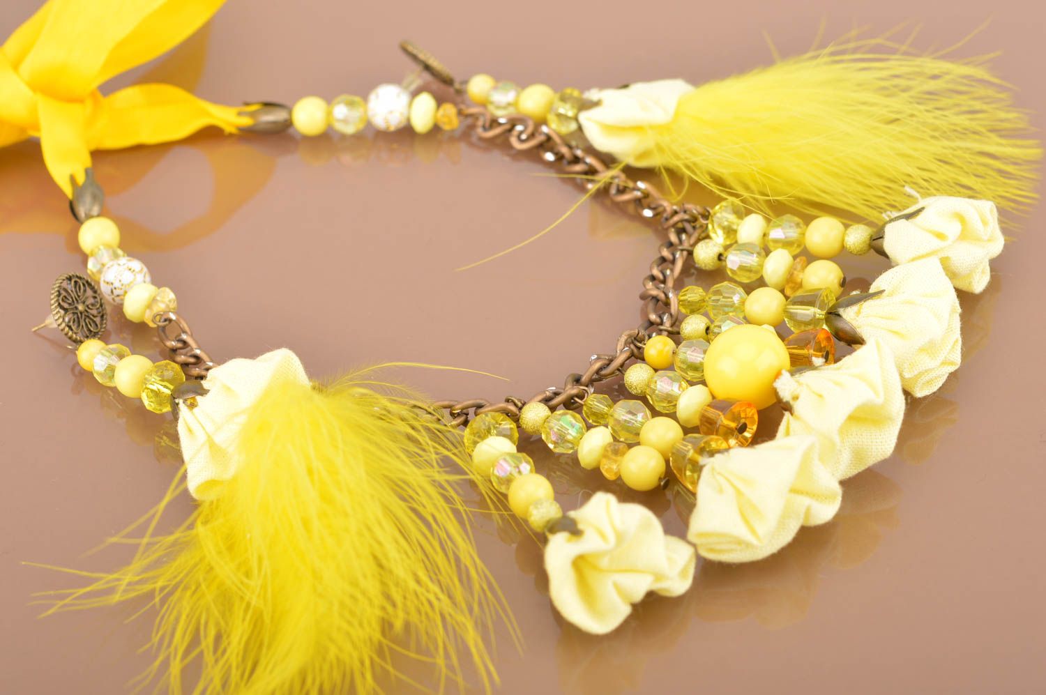 Set of handmade jewelry in yellow color necklace and earrings with feathers photo 2