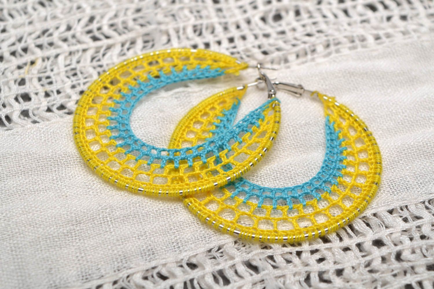 Yellow and blue crocheted earrings photo 1