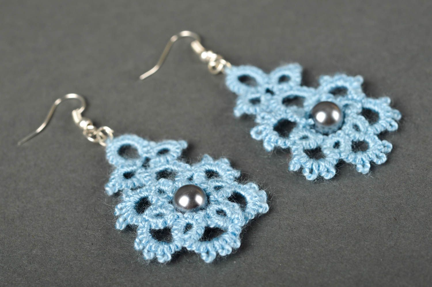 Handmade lace earrings stylish blue jewelry unusual designer accessories photo 2