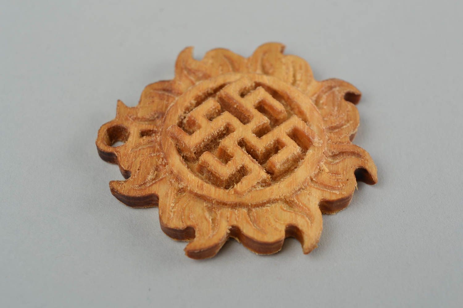 Slavonic handmade carved wooden amulet pendant Fern flower photo 4