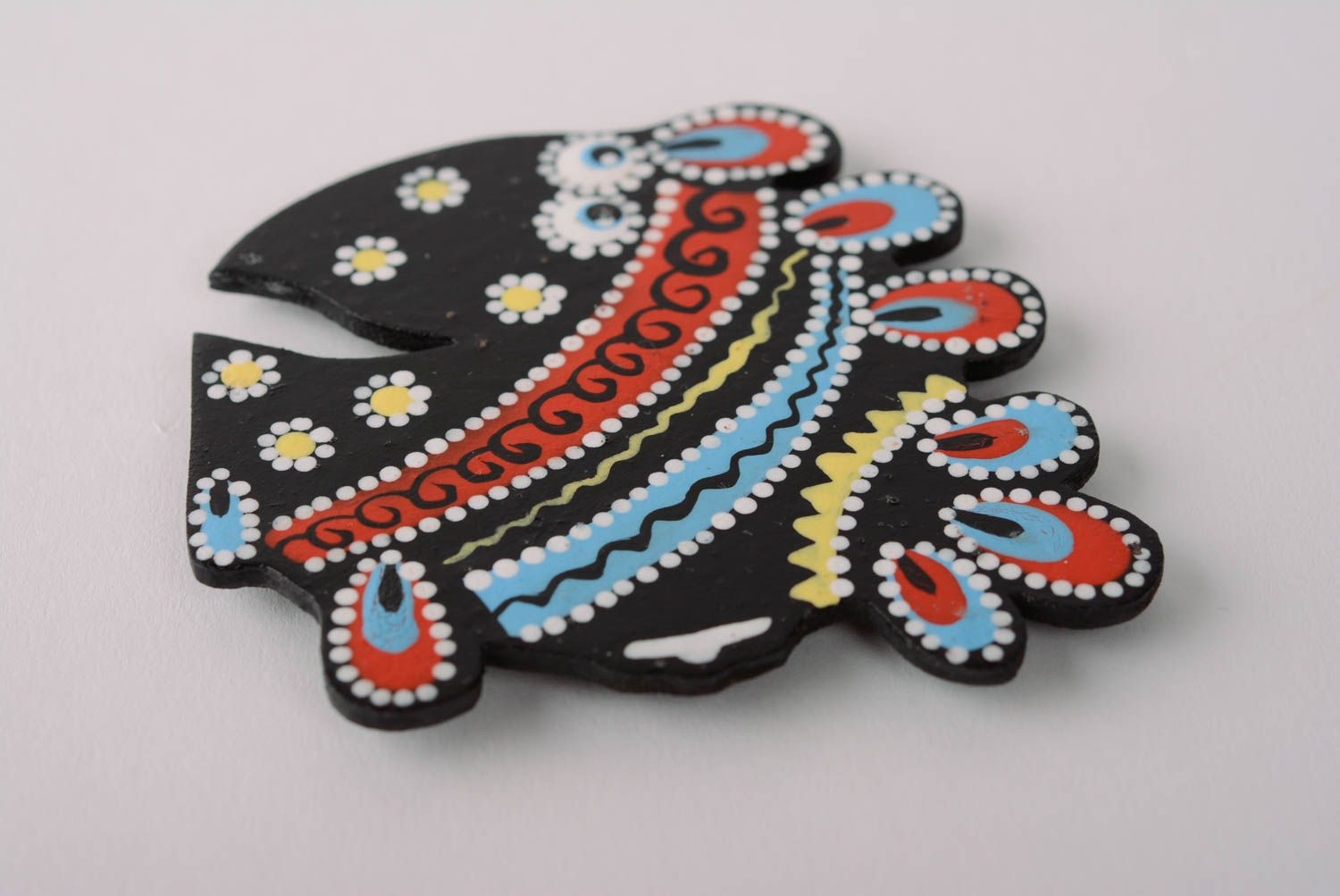 Handmade painted wood fiberboard fridge magnet black fish with bright ornament photo 2