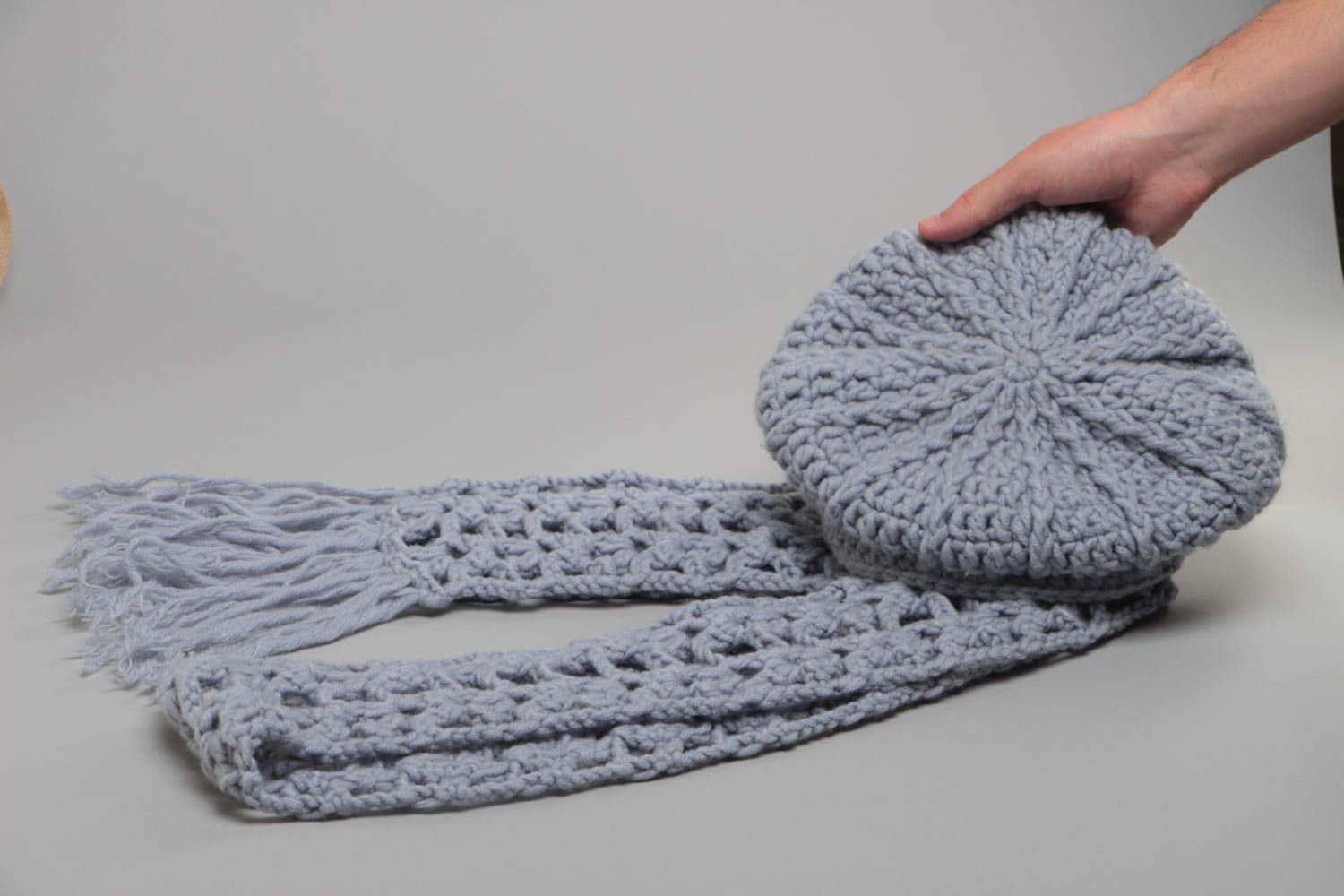 Stylish handmade women's crochet hat and scarf set of gray color photo 5
