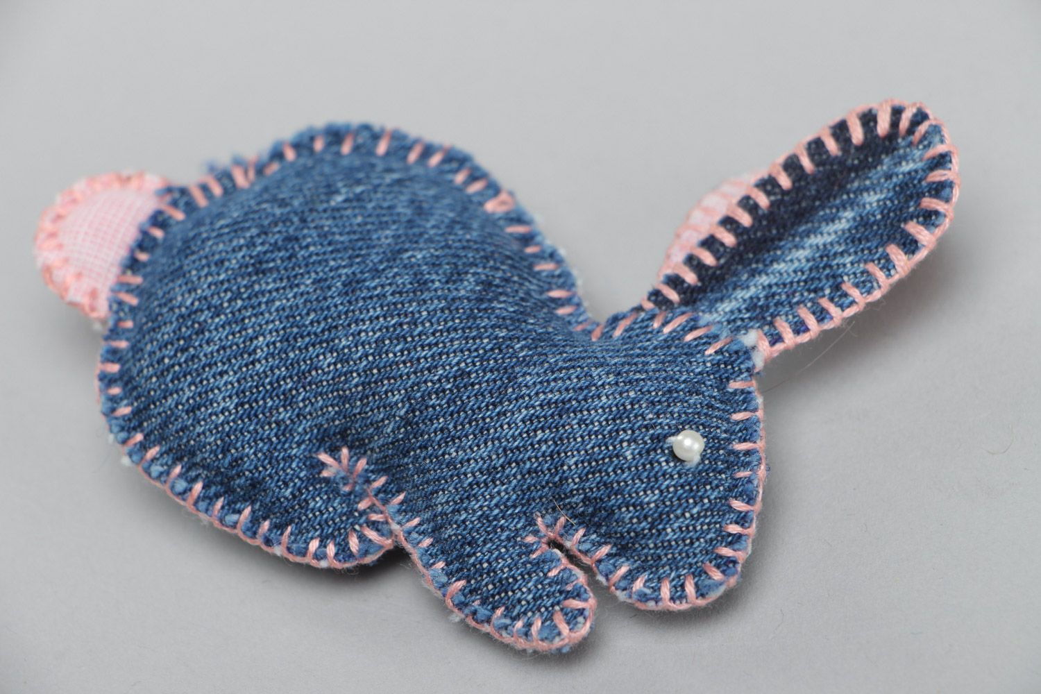 Small handmade decorative soft toy in sewn of denim fabric in the shape of rabbit photo 3