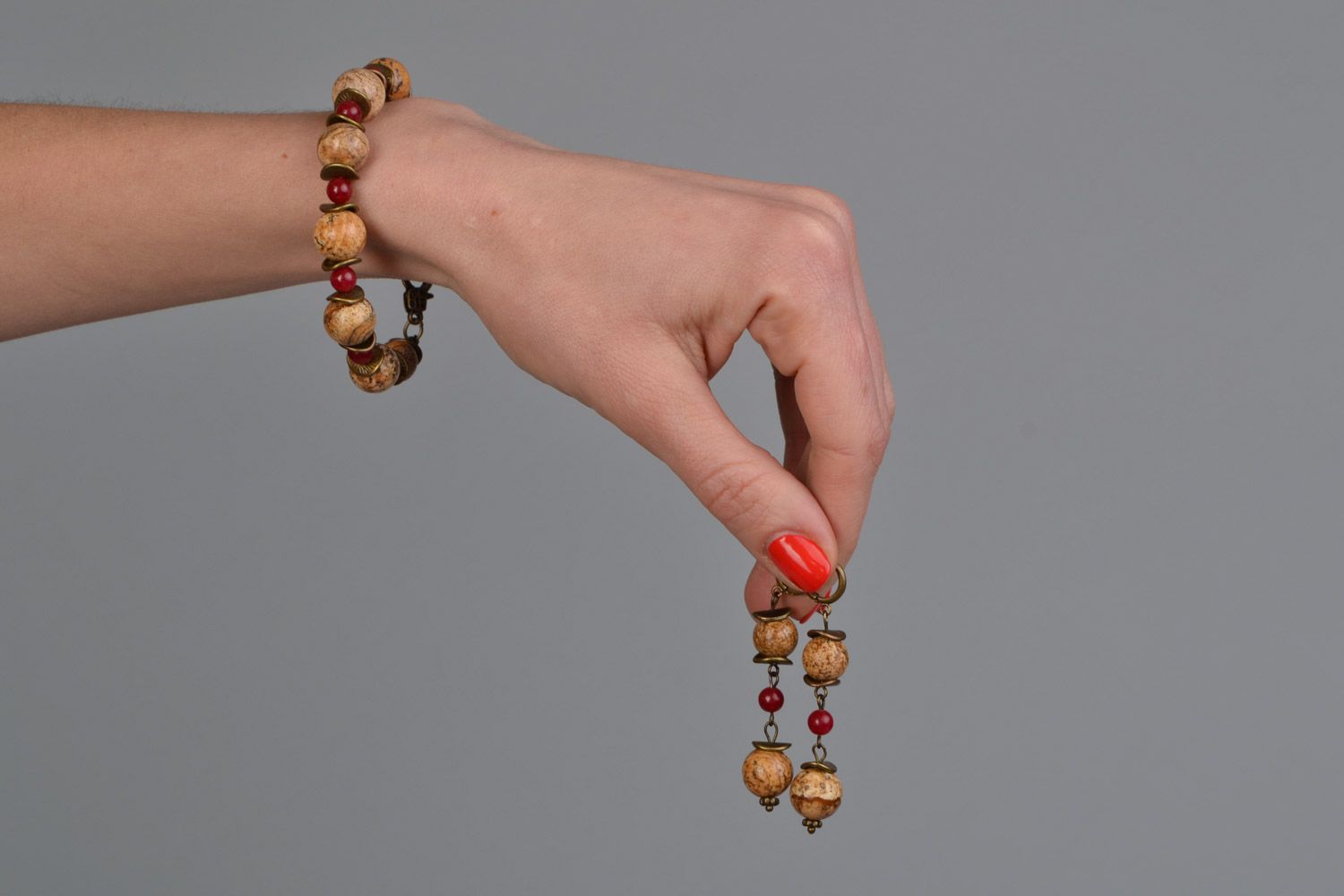Schmuckset aus echten Steinen Marmor Jaspis Armband und Ohrringe handmade foto 2