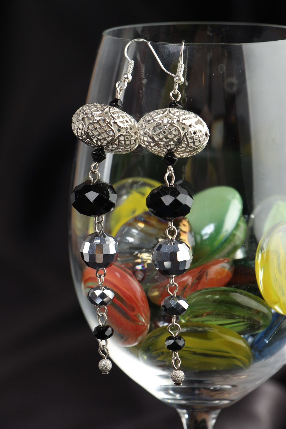 Handmade designer long evening earrings with glass beads with metal fittings photo 4