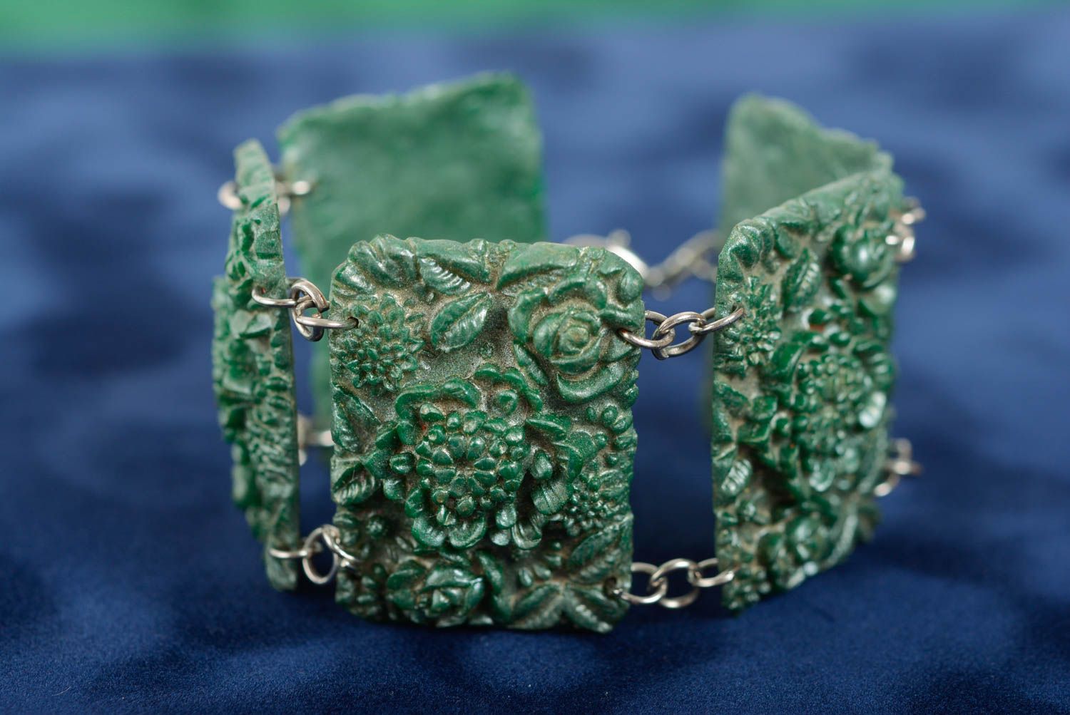 Bracelet en pâte polymère perles rectangulaires fait main vert large original photo 1