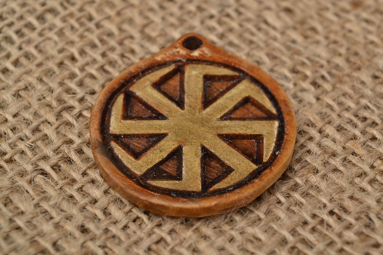Handmade small round natural wood carved protective amulet pendant Cross of Lada photo 1