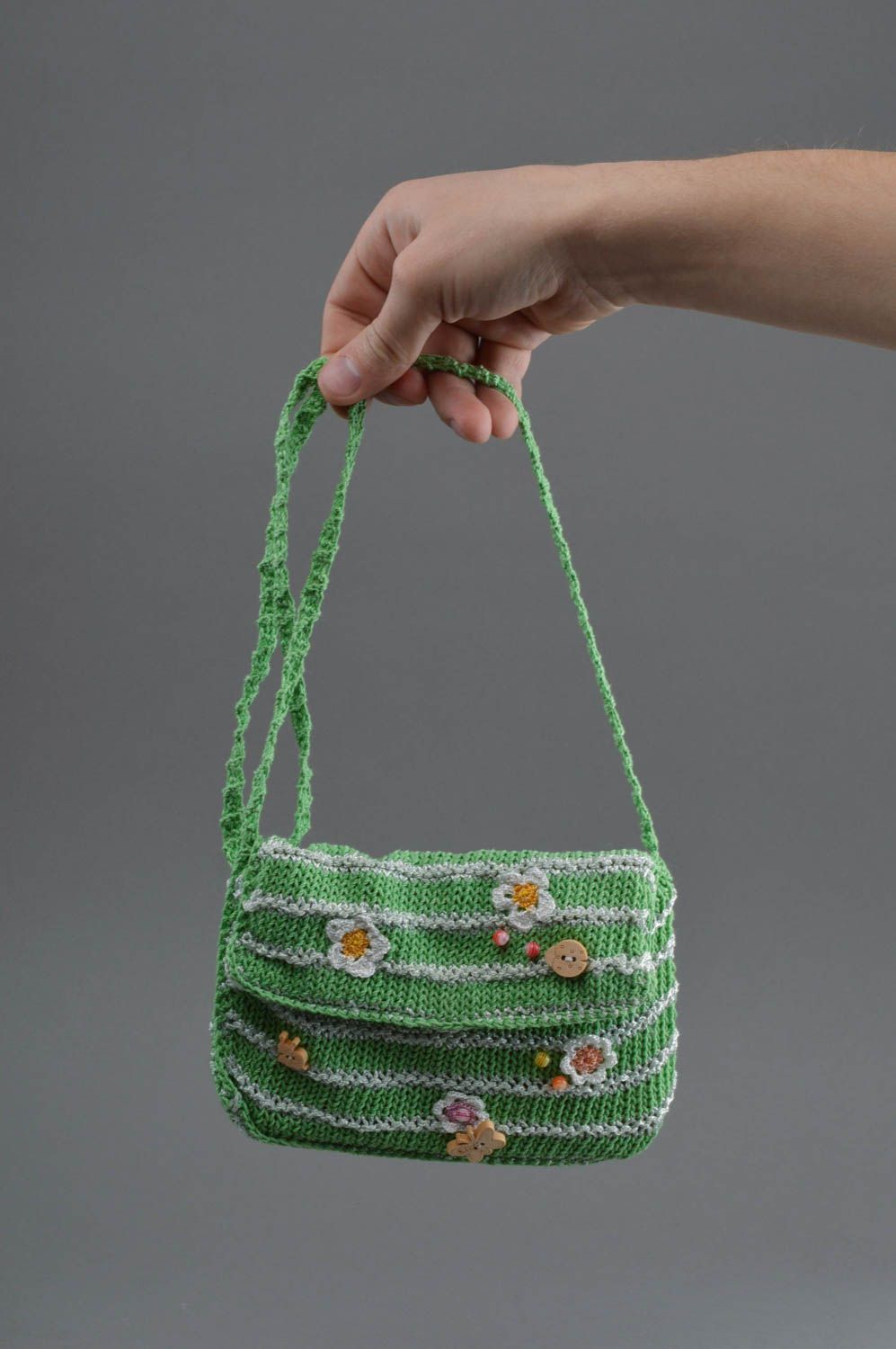 Knitted shoulder bag of green color made of cotton handmade small purse photo 4