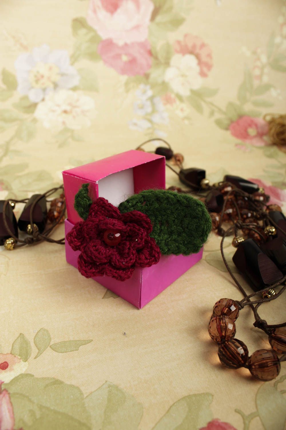 Handmade brooch in box stylish flower brooch crocheted accessory present photo 1