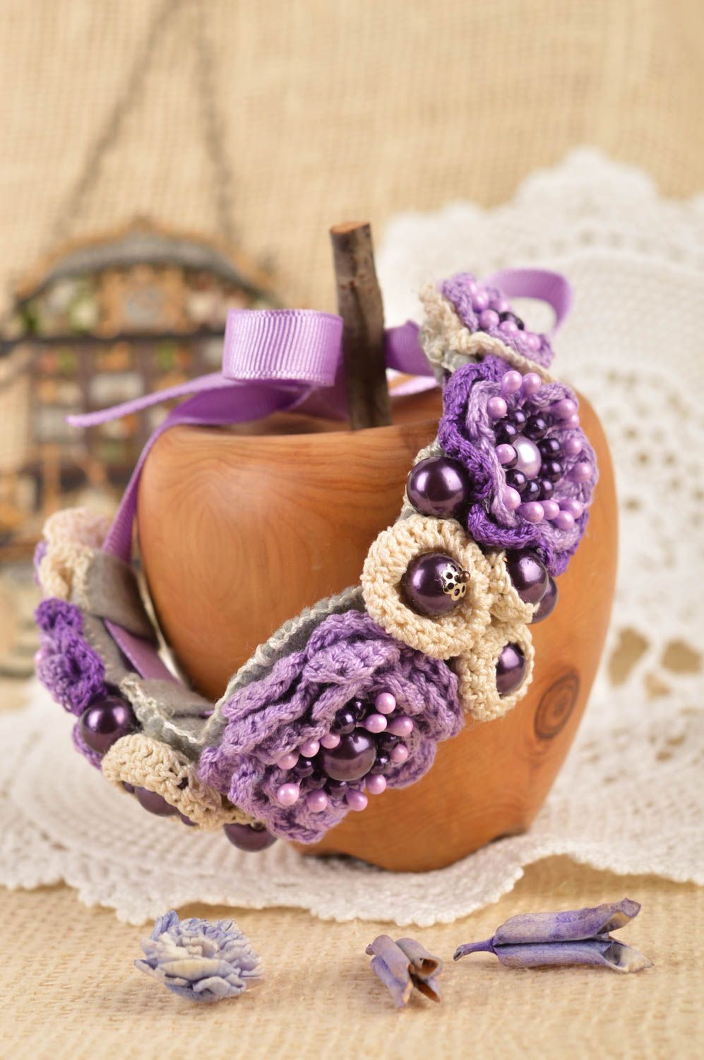 Handmade Schmuck Blumen Armband Häkel Accessoire Schmuck für Frauen lila beige foto 1