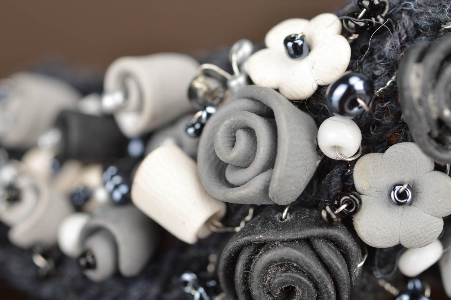 Handmade bracelet based on fabric decorated with gray roses made of polymer clay photo 3