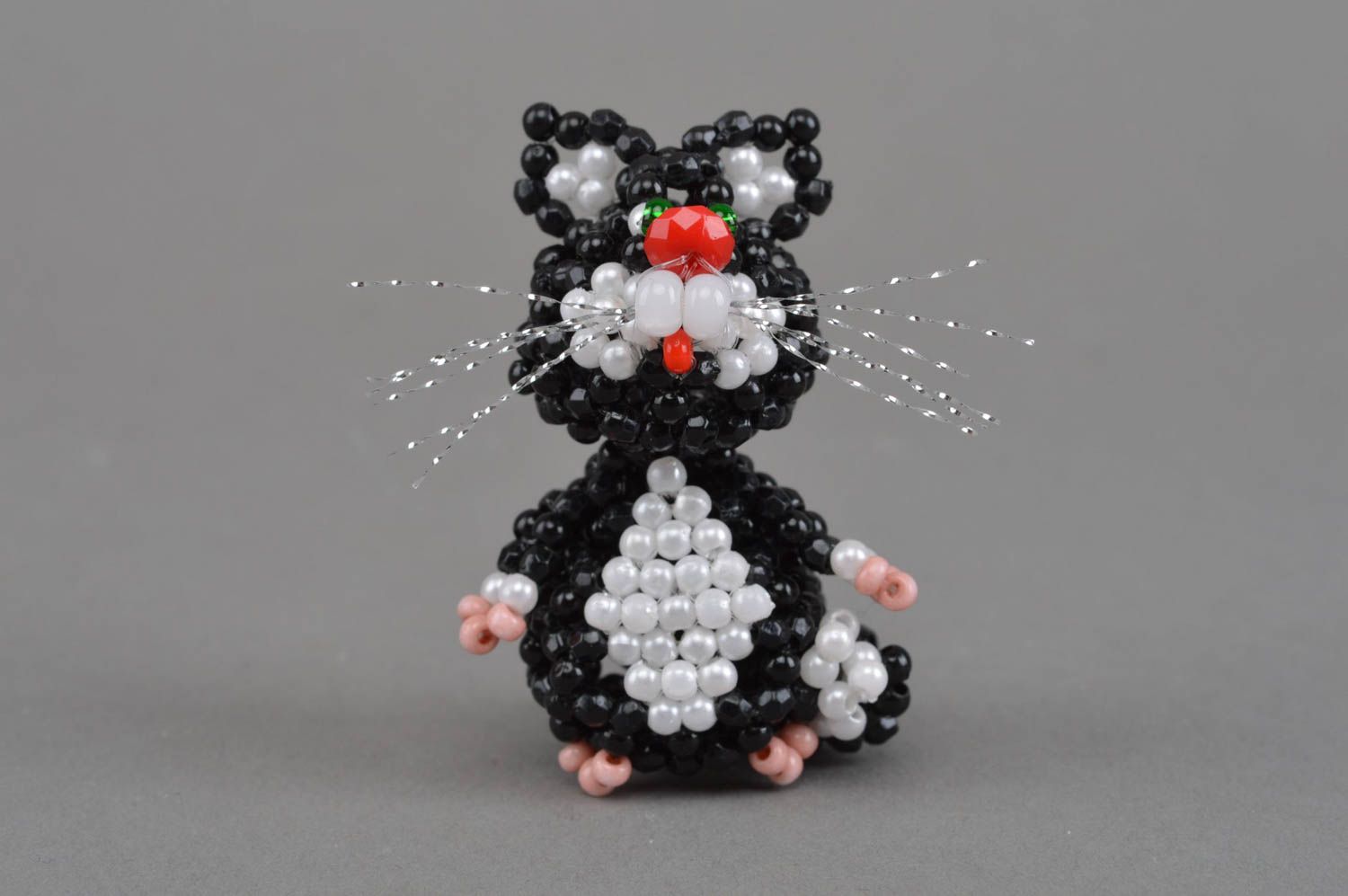 Small handmade designer woven bead figurine of black cat home interior decor photo 3