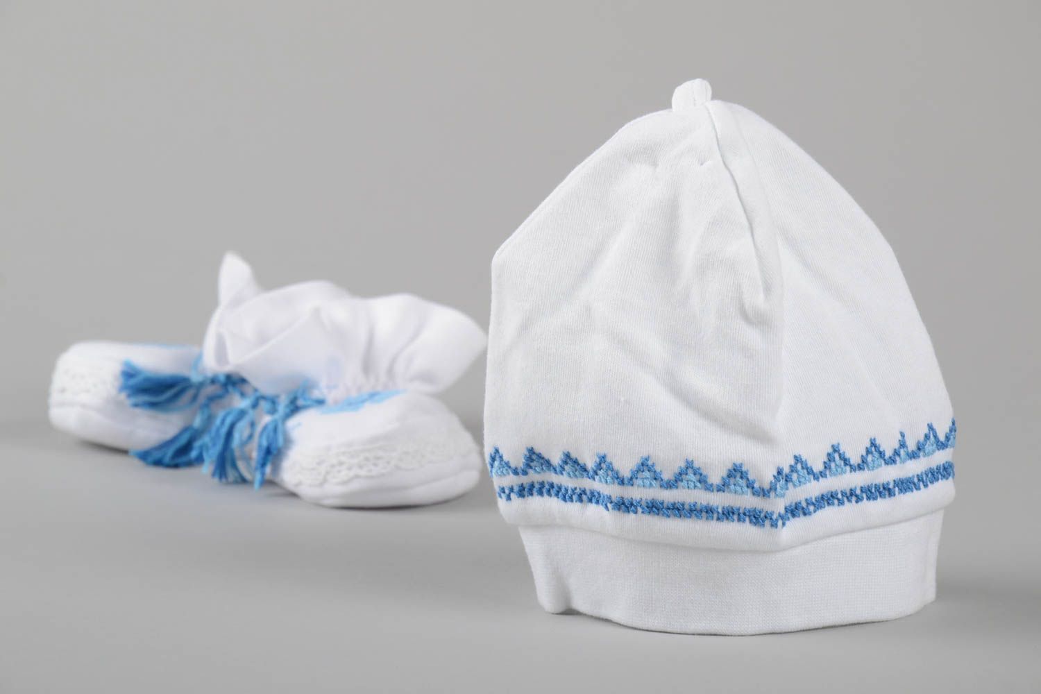 Handmade blaue Baby Mütze Schuhe für Neugeborene Baby Kleidung mit Stickerei foto 5