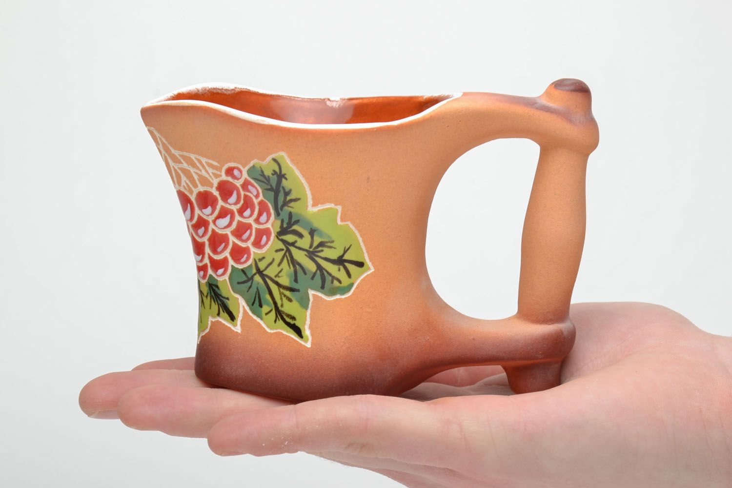 8 oz clay glazed wine-drinking cup with a wide handle and grapes pattern photo 5