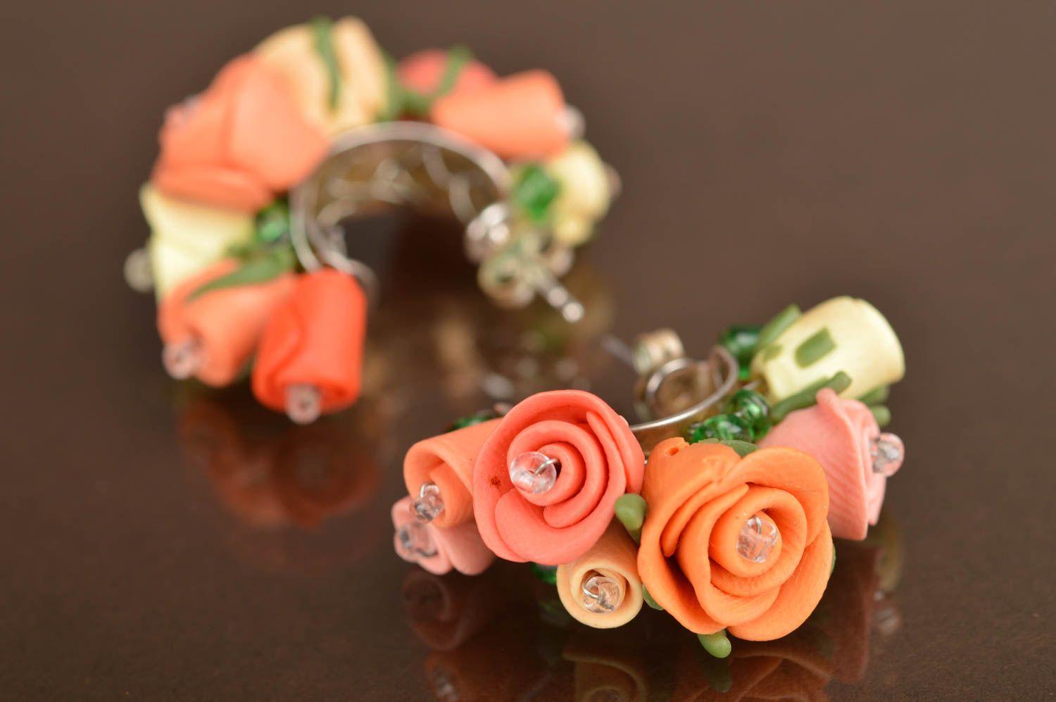 Bright beautiful handmade earrings made of polymer clay with flower charms photo 4