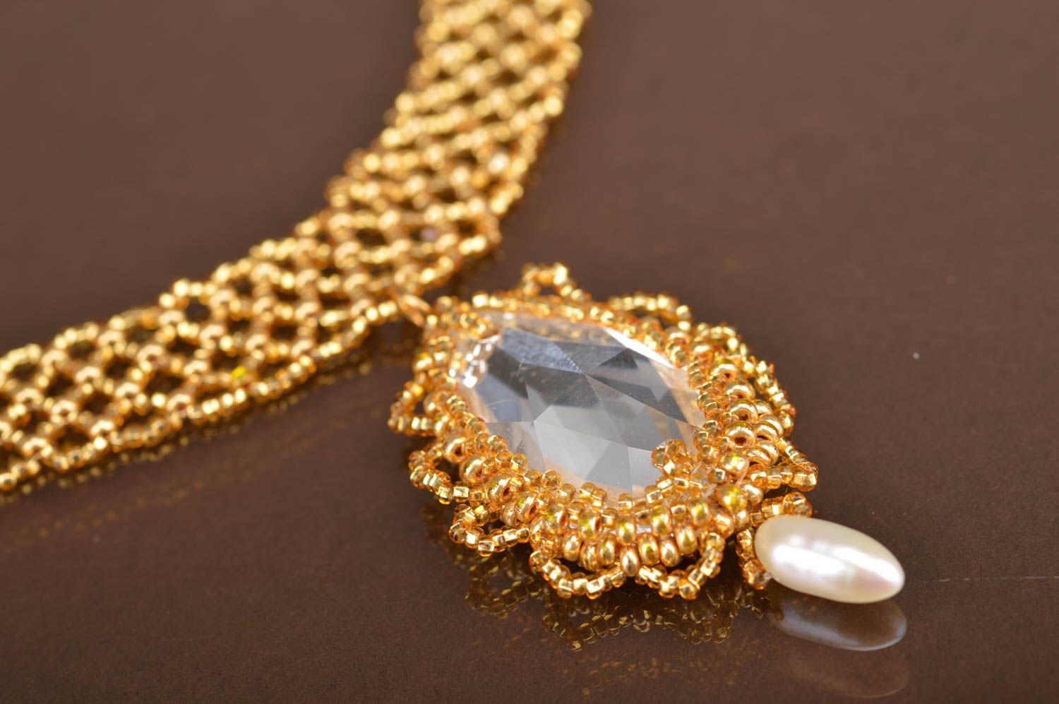 Handmade goldish woven beautiful unusual designer pendant made of beads photo 3