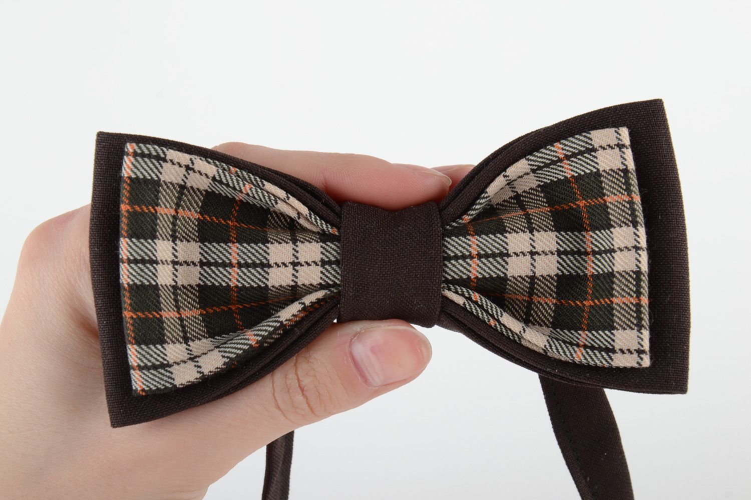 Handmade bow tie sewn of one colored brown and checkered costume fabric  photo 5