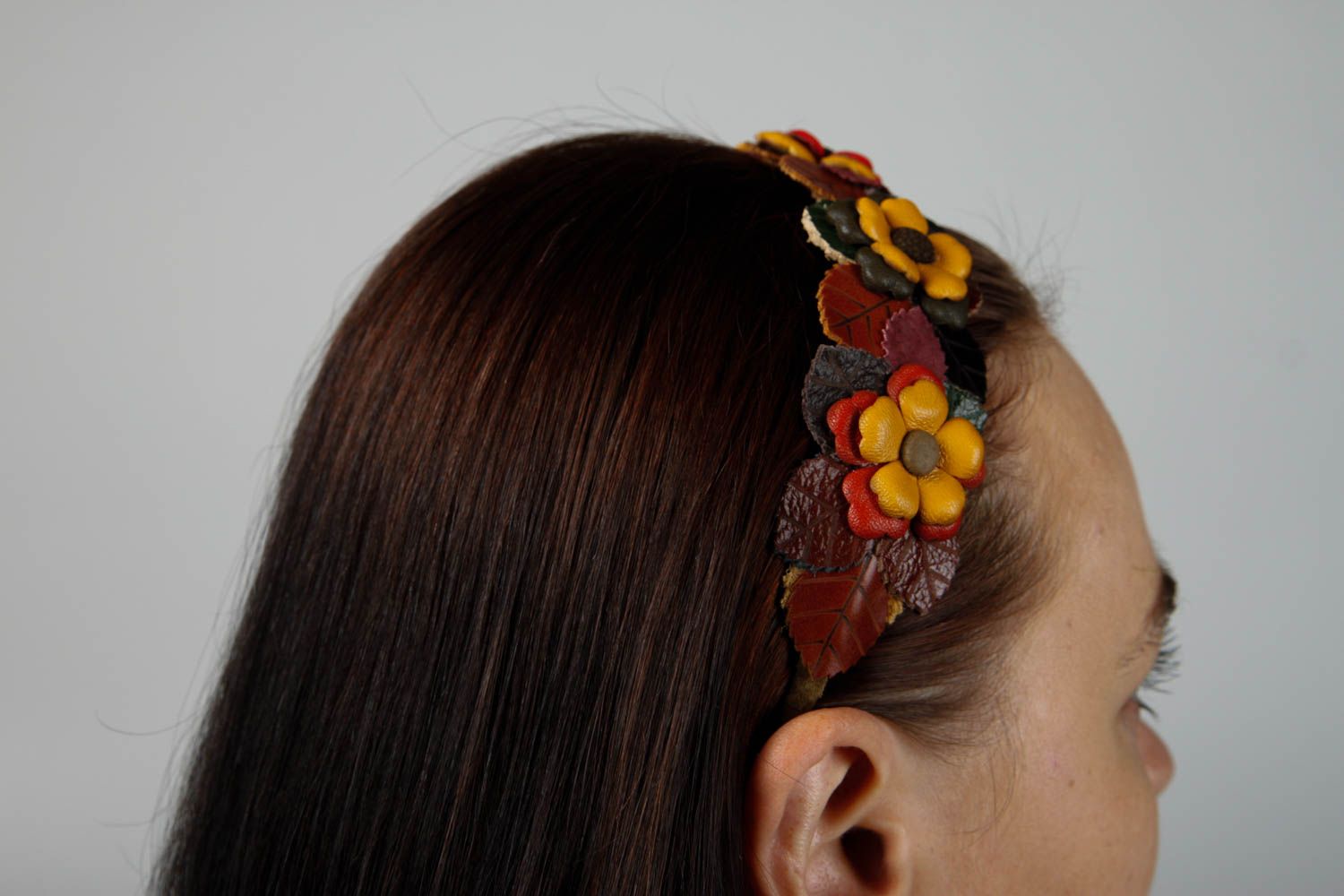 Serre-tête à fleurs Cerceau cheveux fait main en cuir et métal Cadeau femme photo 2