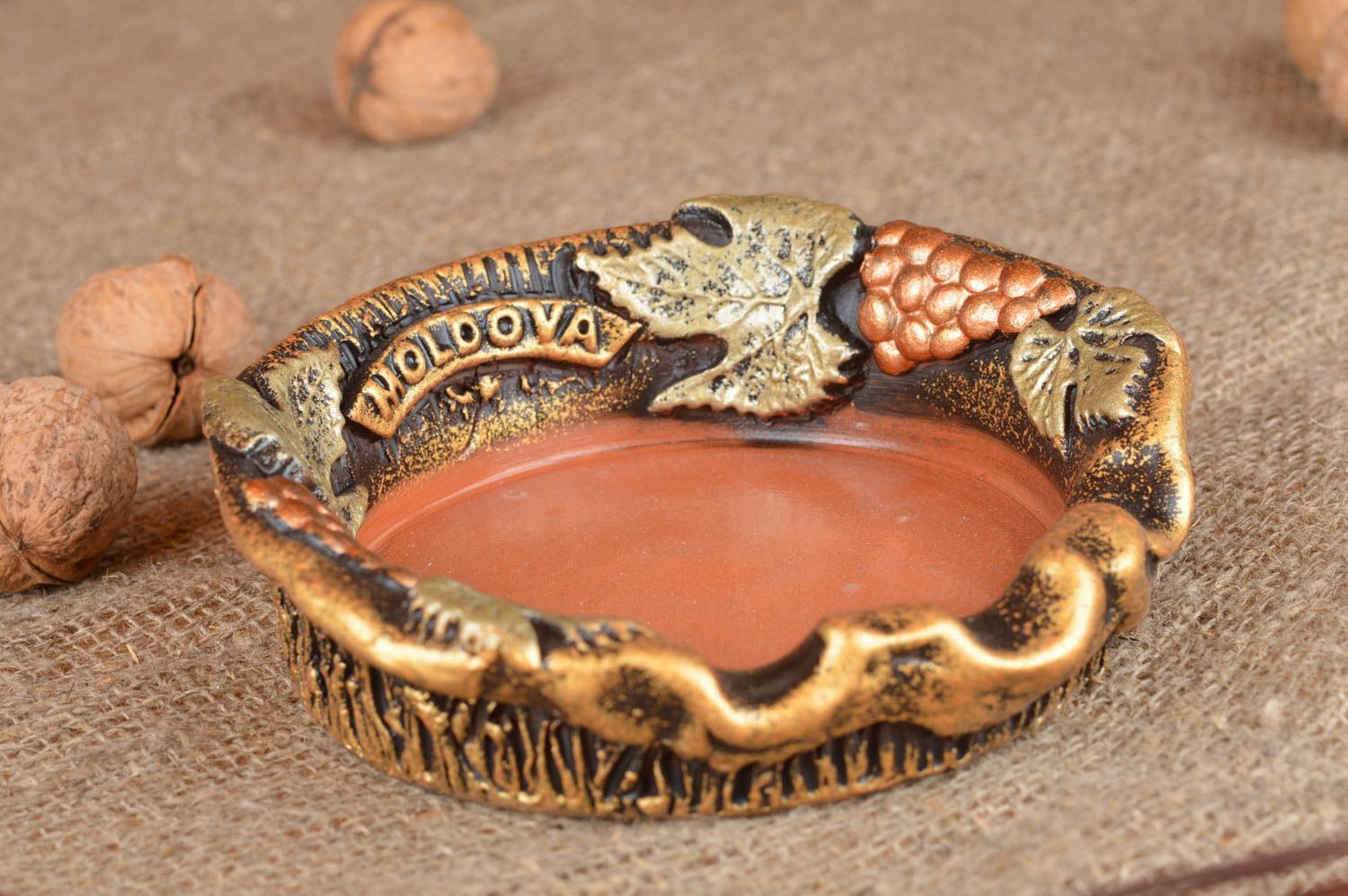 Ceramic unusual round beautiful handmade ashtray White grapes on bunch photo 1