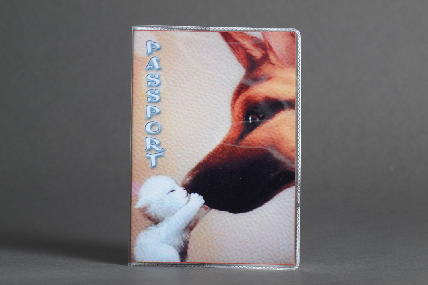 Handmade plastic passport cover with cute image of dog and kitten for girls photo 1