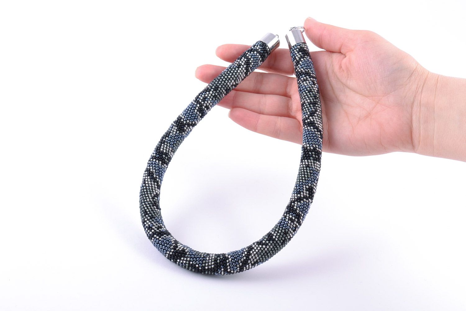 Beautiful gray handmade Czech bead cord necklace with snake print photo 2