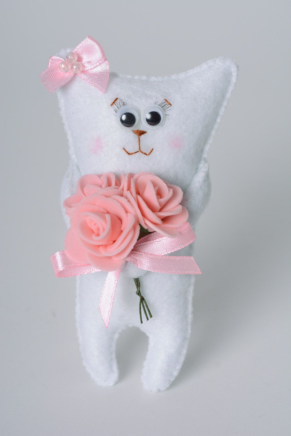 Handmade interior designer soft toy made of felt white cat with flowers  photo 1