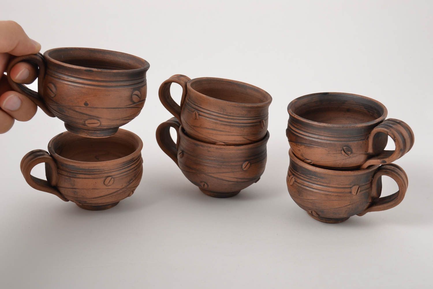 Set of 6 six clay 5 oz coffee cups with handle and coffee beans' pattern photo 4