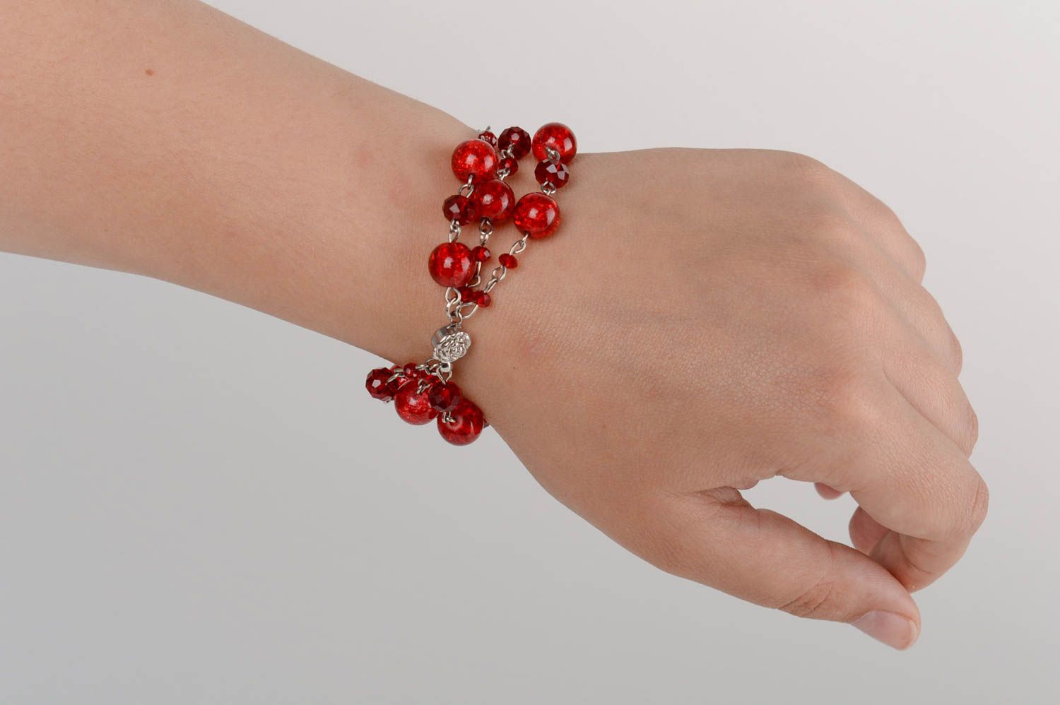 Handmade multi row wrist bracelet with red Venetian glass and Czech crystal  photo 5