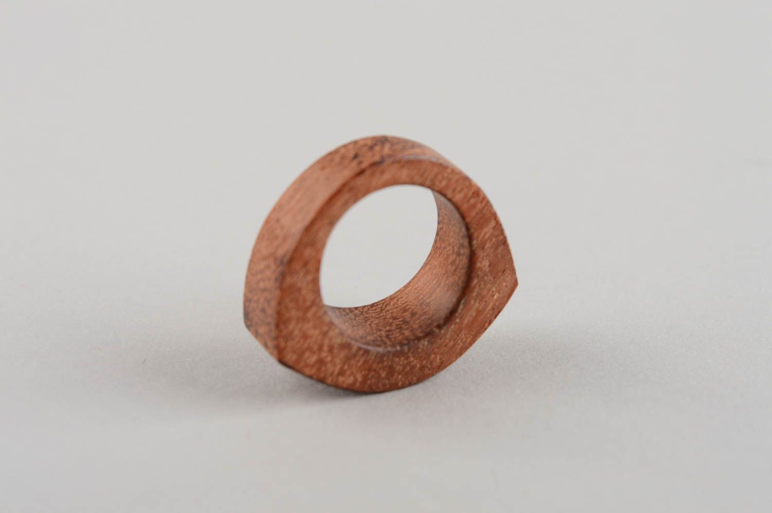 Handmade stylish female brown round ring made of wood of unusual shape photo 2