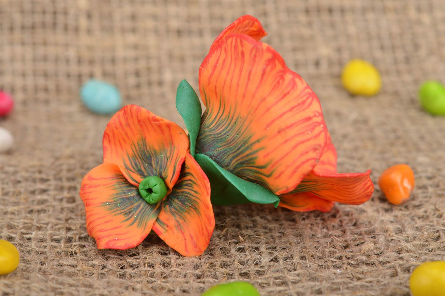 Medium cute handmade hair clip with flowers made of polymer clay Poppy photo 1