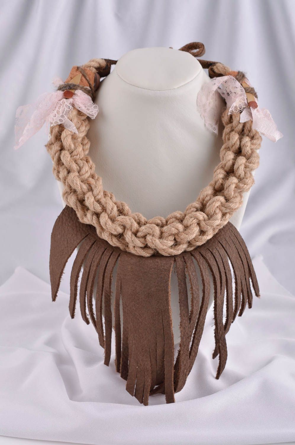 Handmade necklace in boho style woven leather necklace fashion jewelry photo 1