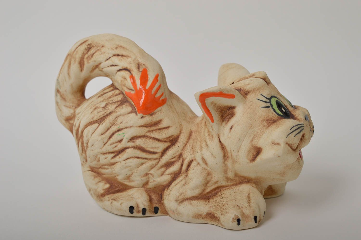 Salvadanaio fatto a mano di argilla soprammobile gatto in ceramica idea regalo foto 4
