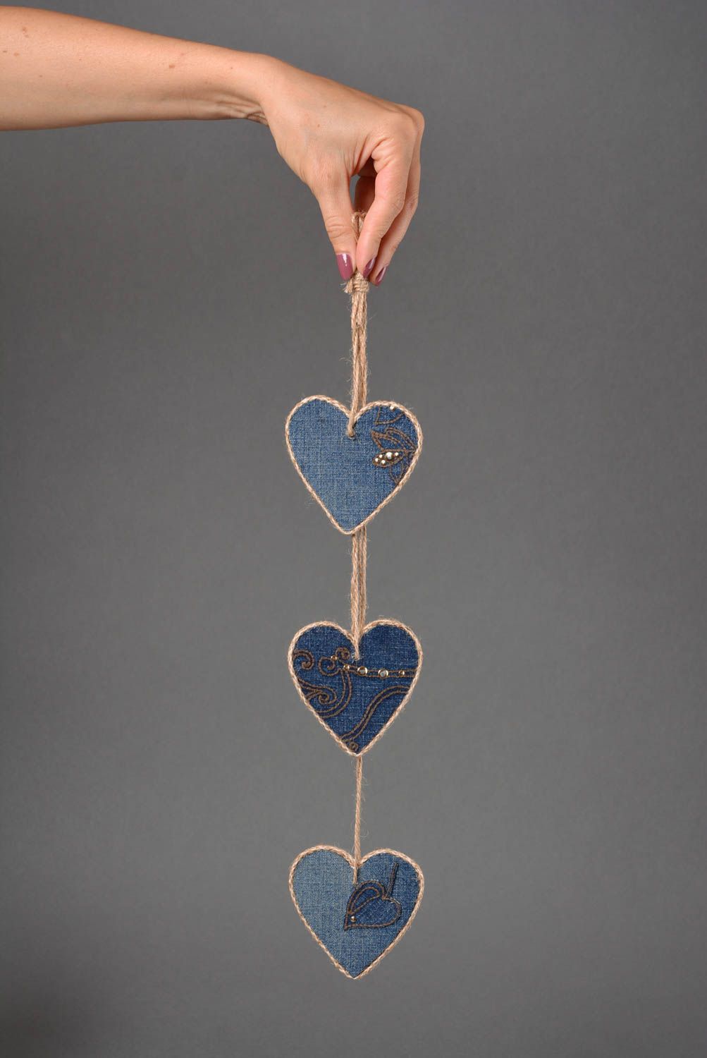Coeurs à suspendre fait main Accessoire design Déco maison bleu bois tissu photo 4