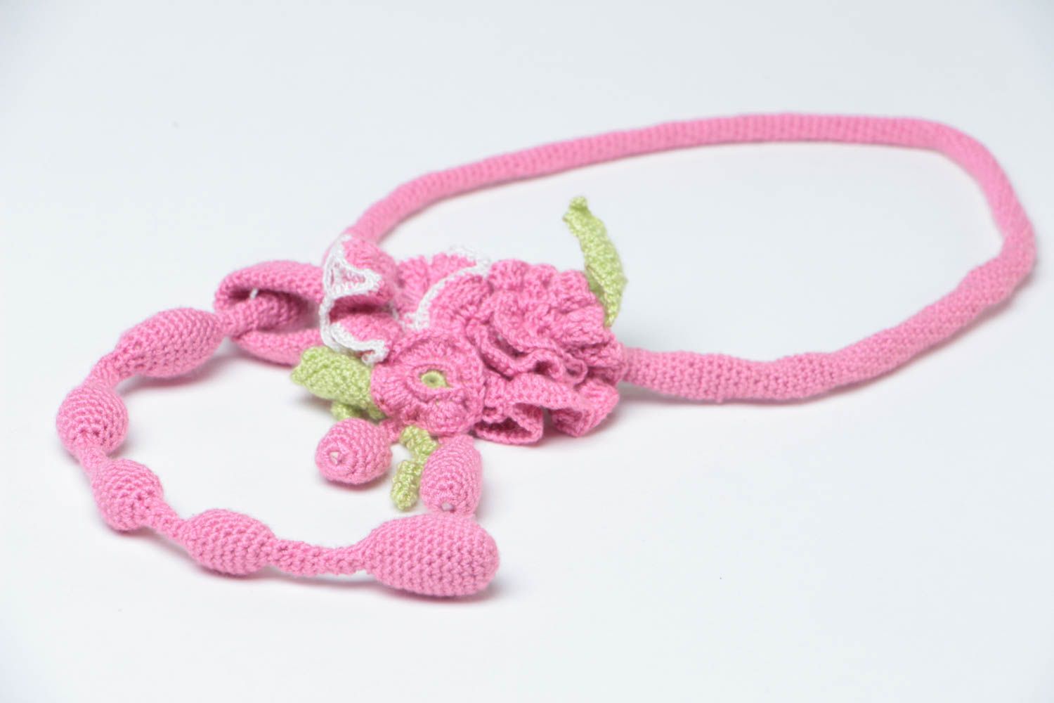 Collier textile en fils de coton Bijou fait main rose Fleurs Accessoire femme photo 4
