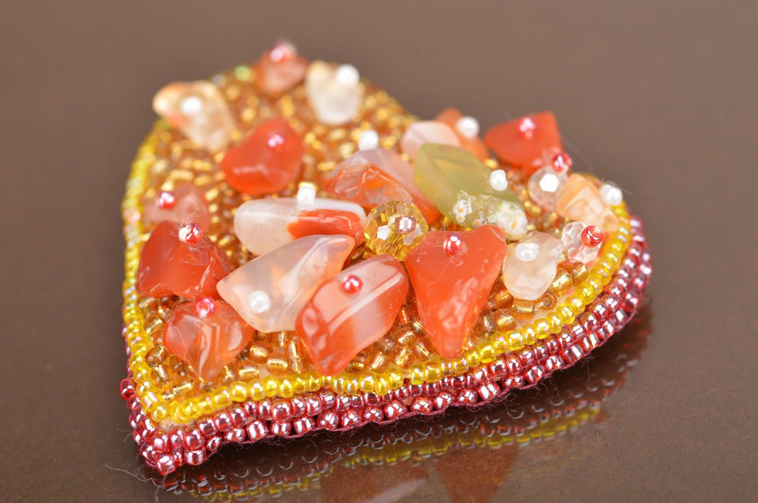 Gorgeous bright designer handmade beaded brooch created in form of heart photo 2