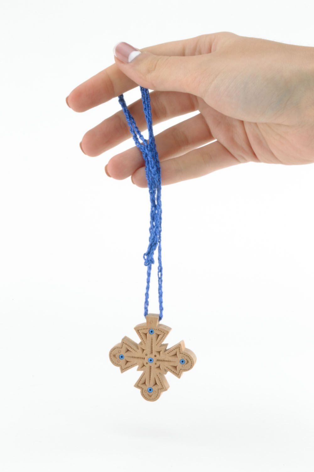 Wooden cross necklace with carving photo 2