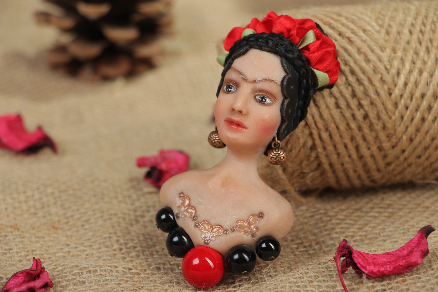 Polymer clay brooch in the shape of Frida Khalo photo 5