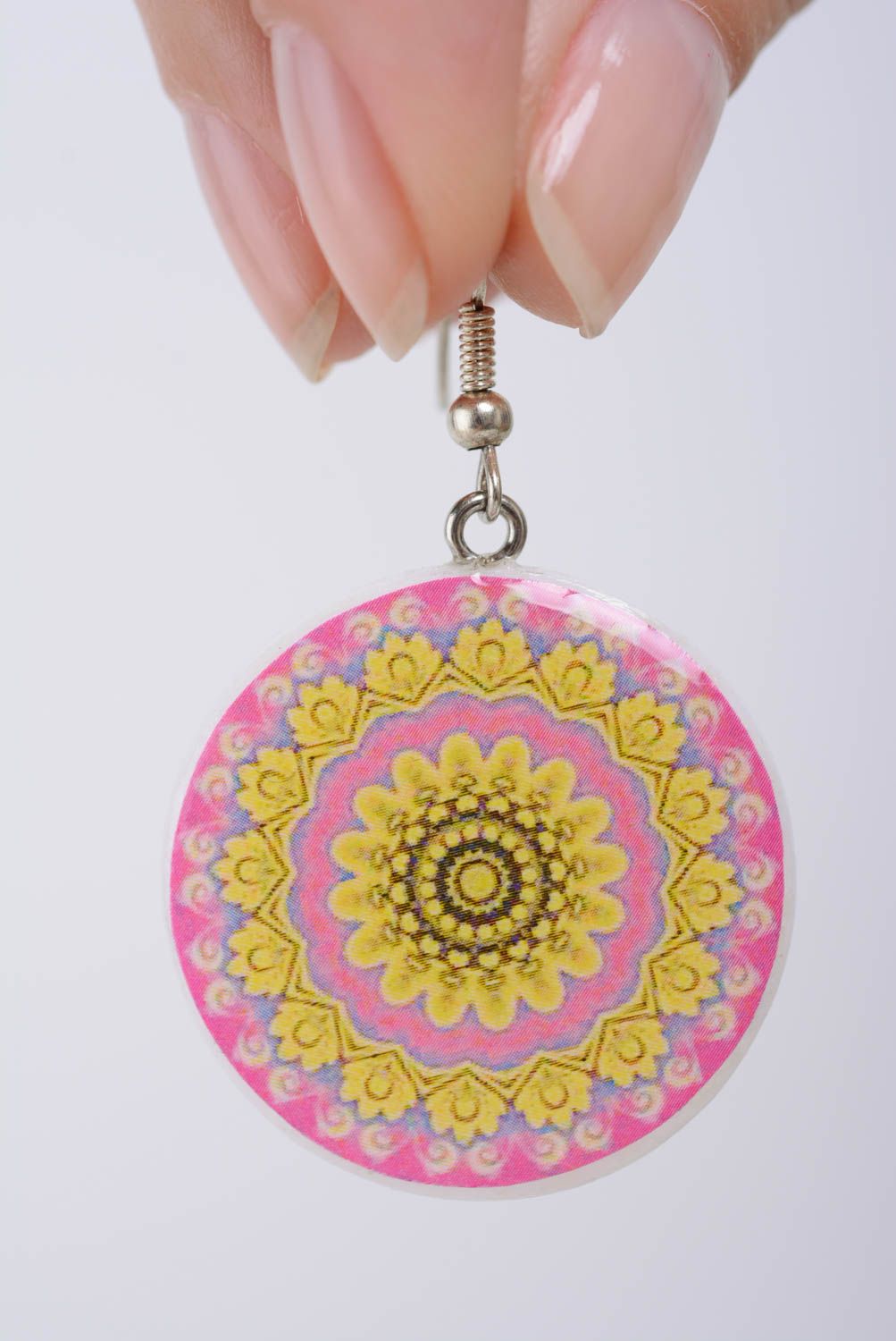 Polymer clay earrings of round shape light pink with yellow handmade jewelry photo 4